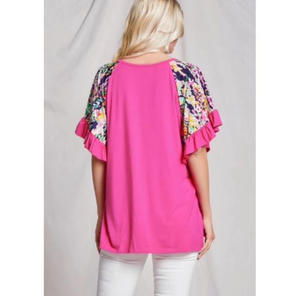 "The Kimmi" Pink Ruffle Cuff Floral Sleeve V Neck Top - Picture 4 of 4